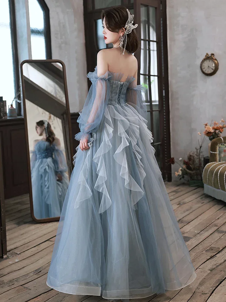 Customized  Grey Blue Evening Dress for Women Romantic Ruffles Strapless A-line Floor-length Party Formal Gowns Robe De Soiree