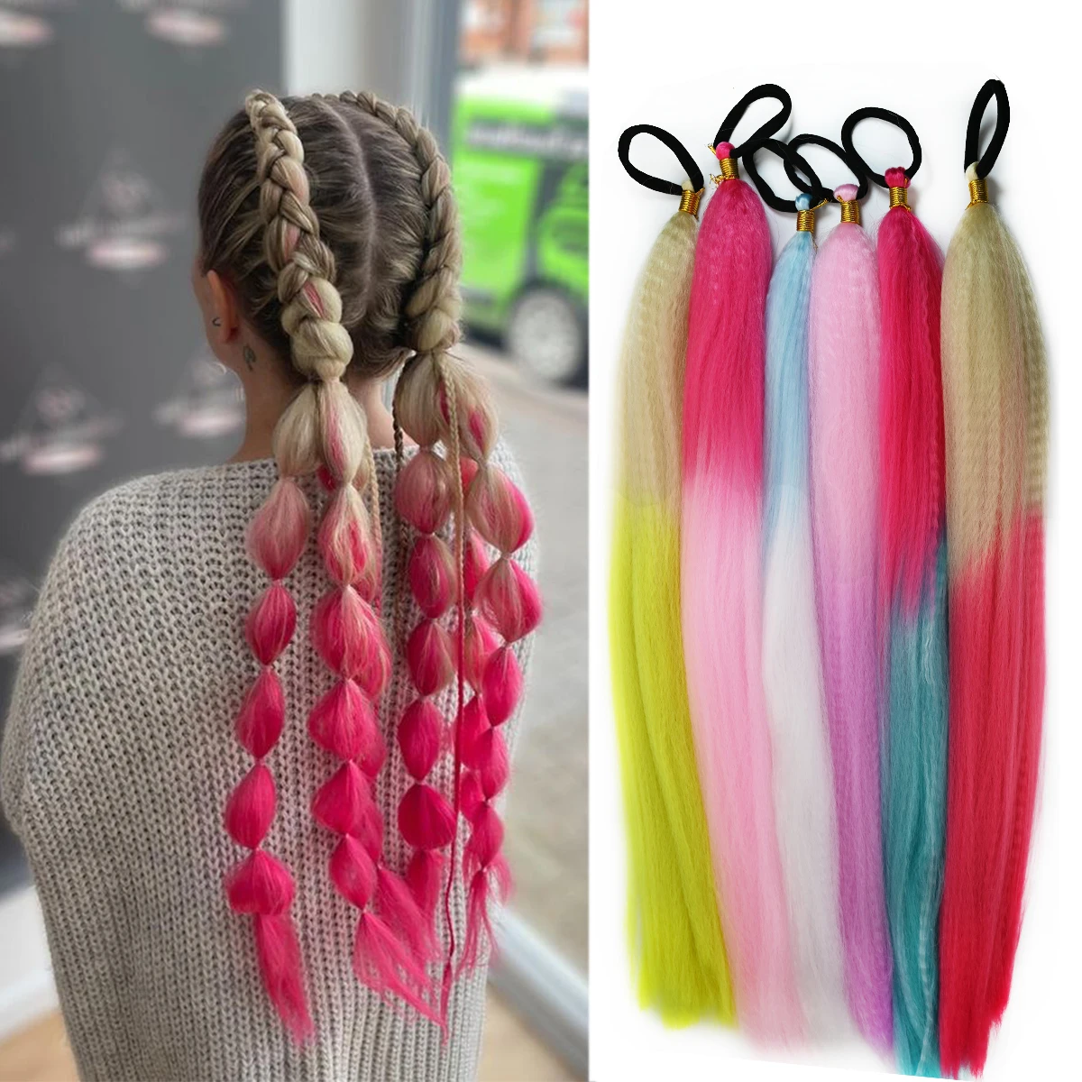 

2 шт. синтетический красочный наращивание хвоста длинный прямой DIY плетеный конский хвост шиньон с резинкой женские аксессуары для волос