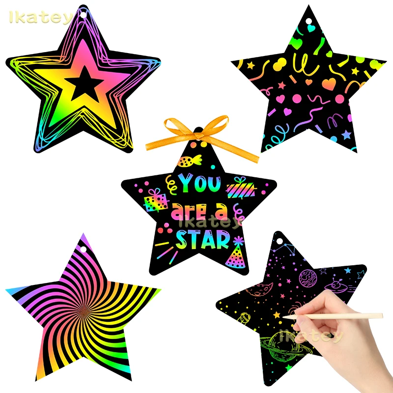 60Pcs Star Scratch Cards Magic Rainbow Color Craft Kit for Kids DIY Paper Art Scratch Star Hanging School Classroom Preschool