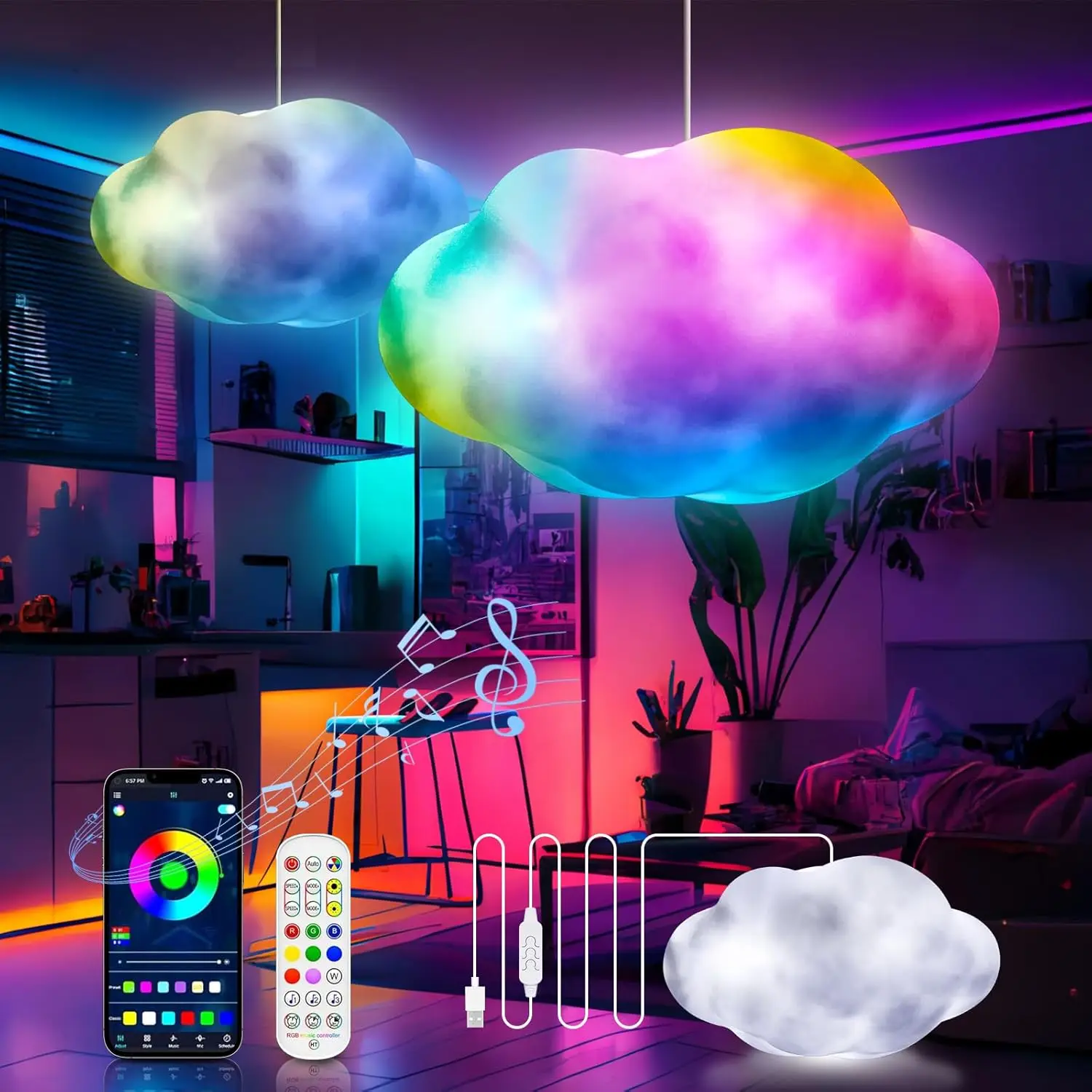 

RGB LED Cloud Lights APP&Remote Control ，Music Sync 3D Lightning Night Lamp for Bedroom Gaming Room Ceiling Party Wedding Decor