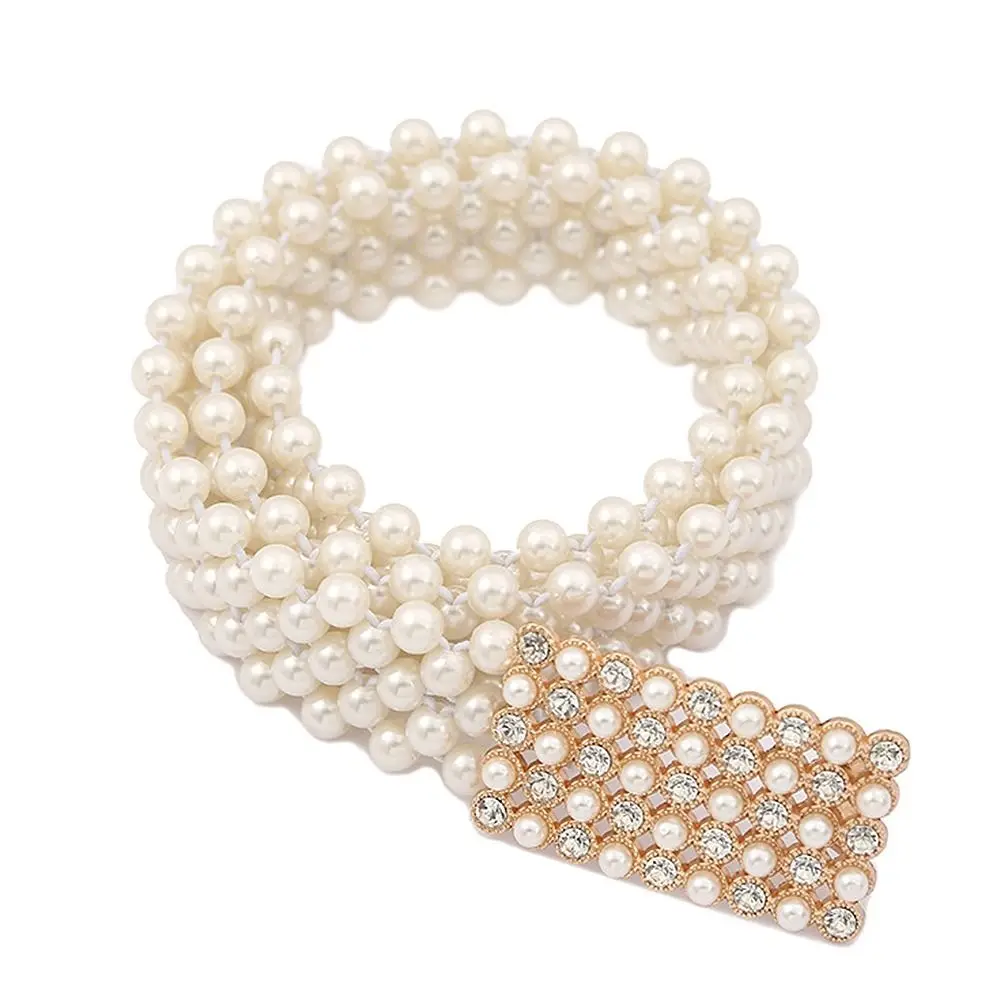 حزام خصر مرن للسيدات على الموضة مع سلسلة خصر بسيطة وأنيقة من حجر الراين وحزام خصر لؤلؤي رفيع للنساء