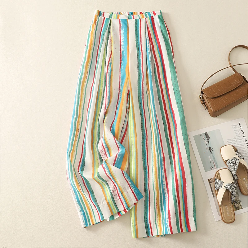 

High Waist Wide Leg Pants Women Summer Bohemian Stripes Slimming Lazy Style Beach Trousers Cotton Blend Casual Pants