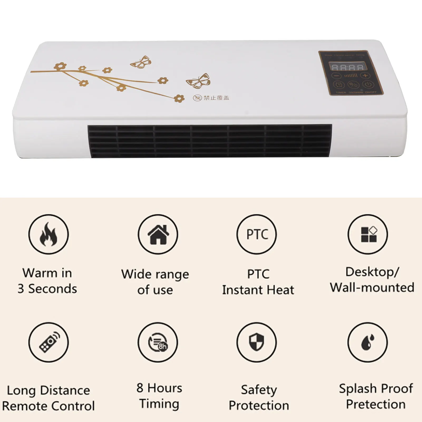 Ventilador de calor de parede com controle remoto, aquecedor com display digital, sistema de resfriamento e aquecimento de dupla utilização, ficha americana, 110V