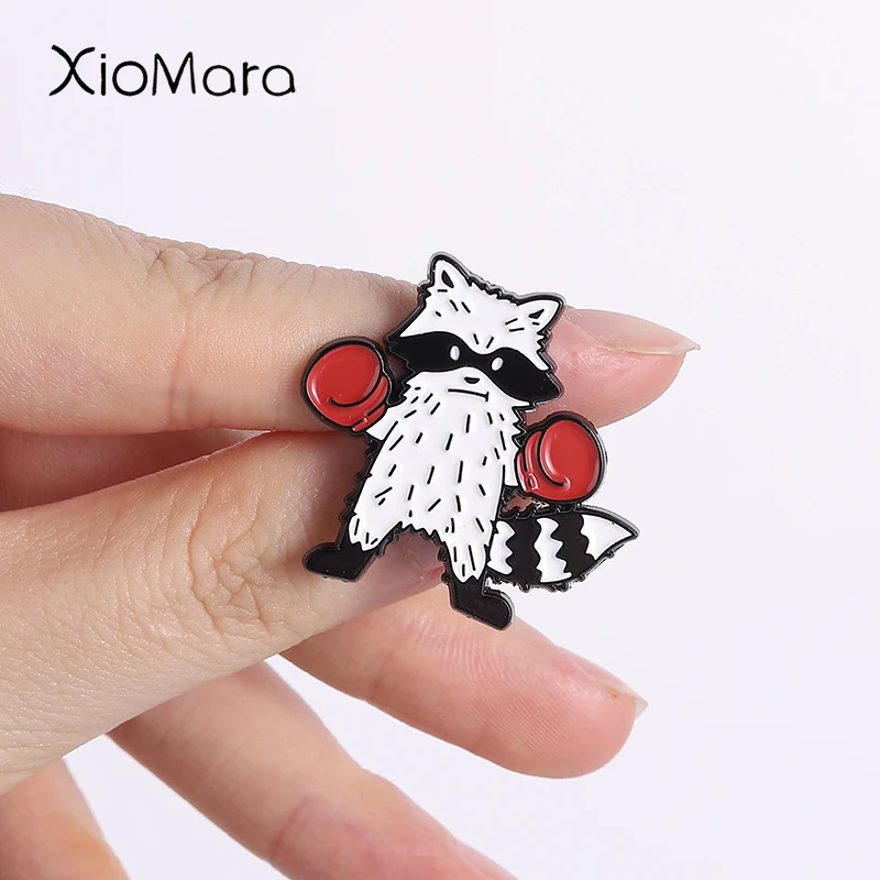 Cute Raccoon Enamel Pins Boxing & Skateboarding Cartoon Brooches Fashion Lapel Badge Backpack Clothes Jewelry Gift for Friends