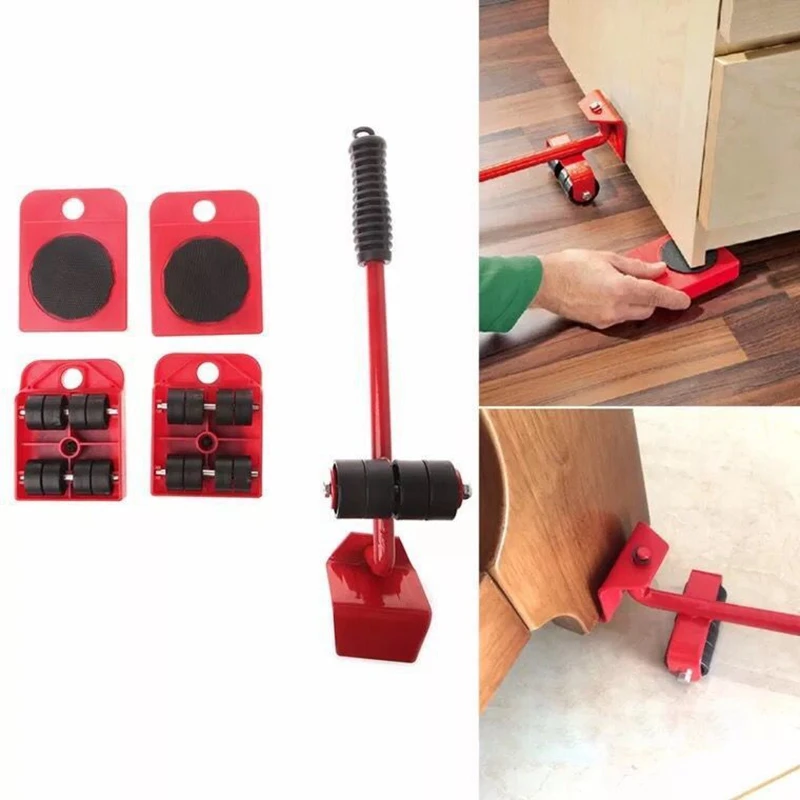 5Pcs Set Furniture Mover Tool Transport Lifter Heavy Stuffs Moving 4 Wheeled Roller with 1 Bar Set furniture mover slider