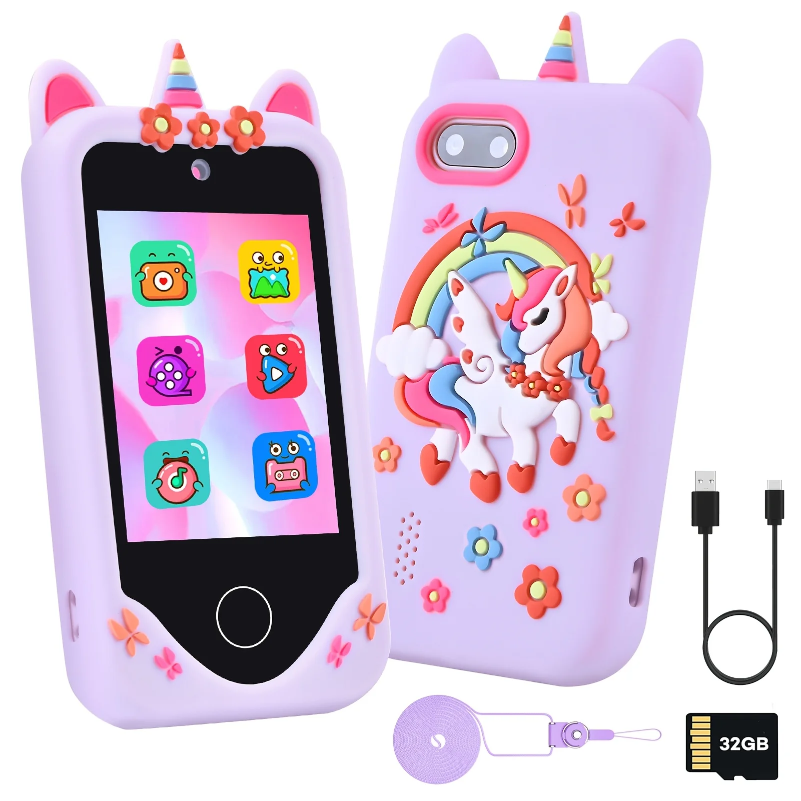 Children's Smart Phone Toy, Touchscreen HD Dual Camera Kids' Toy Phone with 32GB SD Card, Travel Toy, Suitable as Birthday or Ch