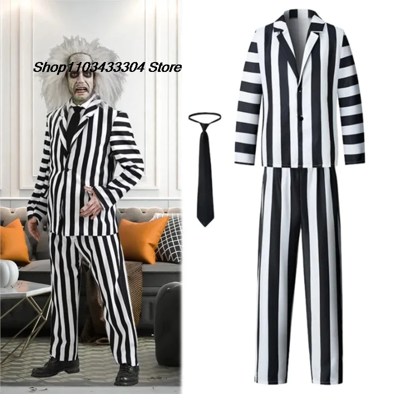 Sky05 Spooky Halloween Performance Costumes for Men Striped Suit with Tie Scary Halloween Infernal Master Cosplay Costume 99JIu@