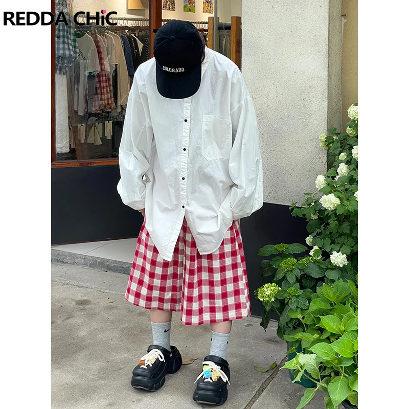 REDDACHiC Checkered Oversized Casual Wide Pants Women Elastic Waist Cotton Linen Straight Baggy Jorts Summer Korean Streetwear