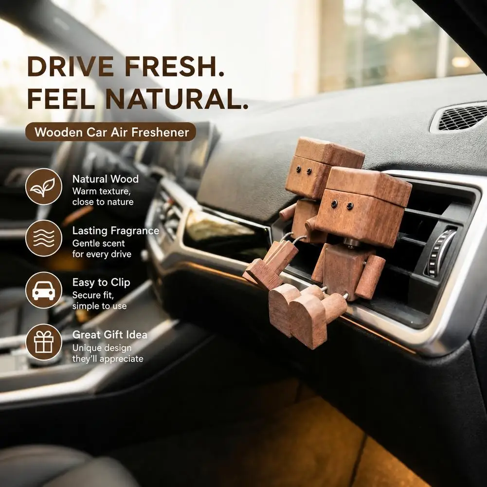 Shaking-leg wooden figure Decoration Car air outlet aromatherapy with Aroma chips Car interior accessories cute wooden robot