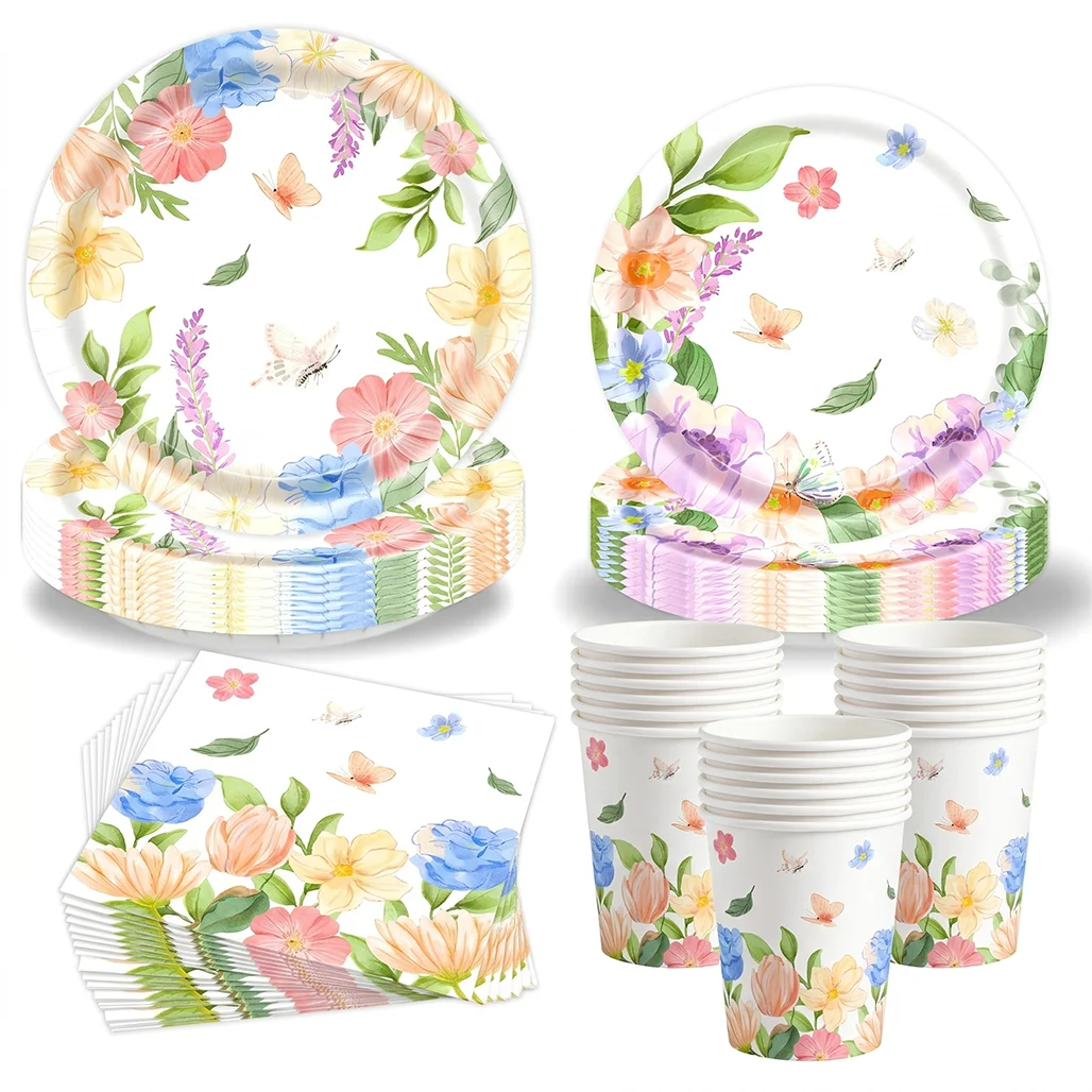 Floral Butterfly Disposable Tableware Set Paper Plates Cups Napkins For Girls Birthday Party Spring Garden Baby Shower Decor