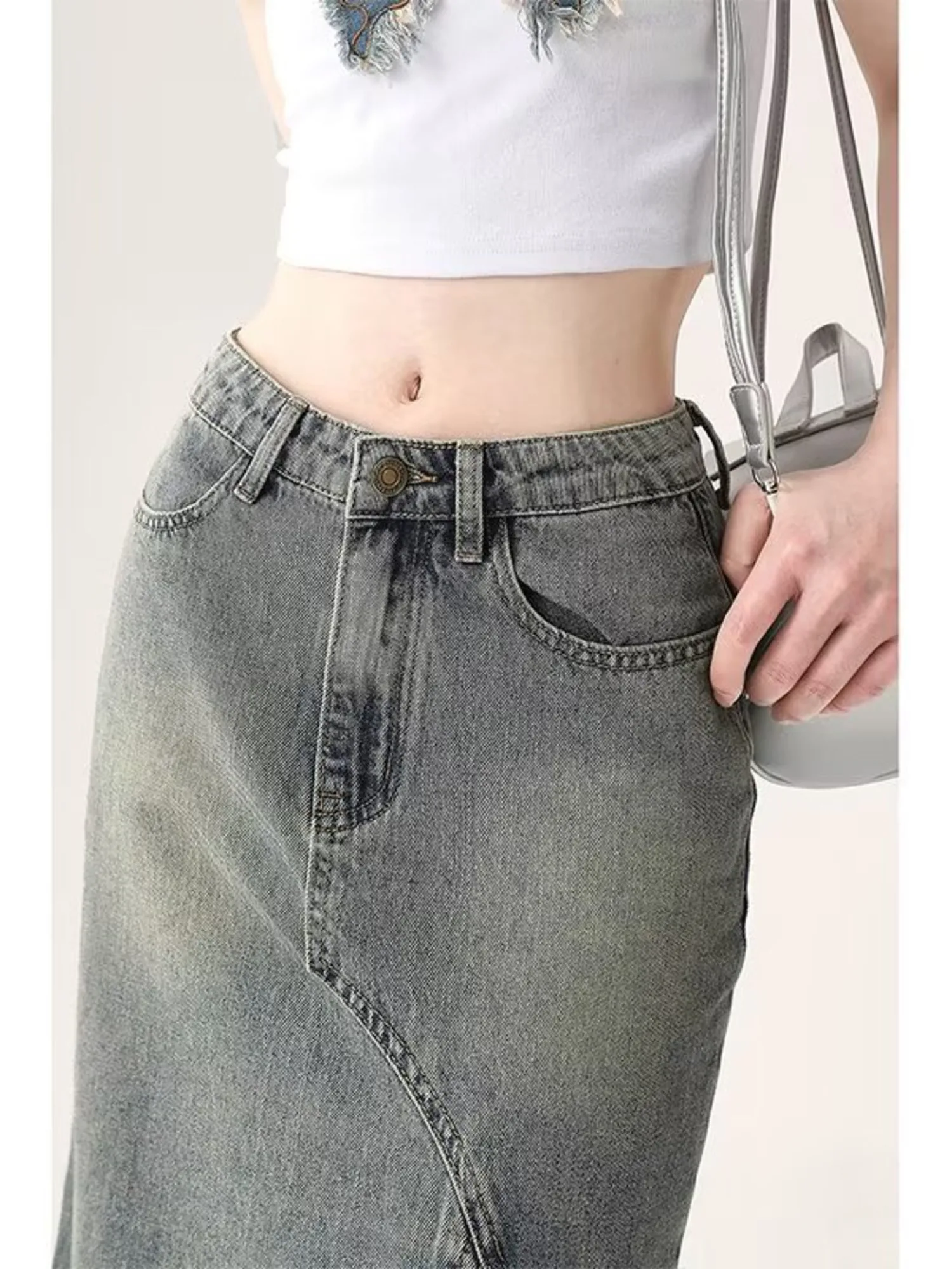 Women's Vintage Washed Denim Mermaid Maxi Skirt High Waist Front Slit Ruffle Hem Midi Jean Skirt XS-3XL view 4