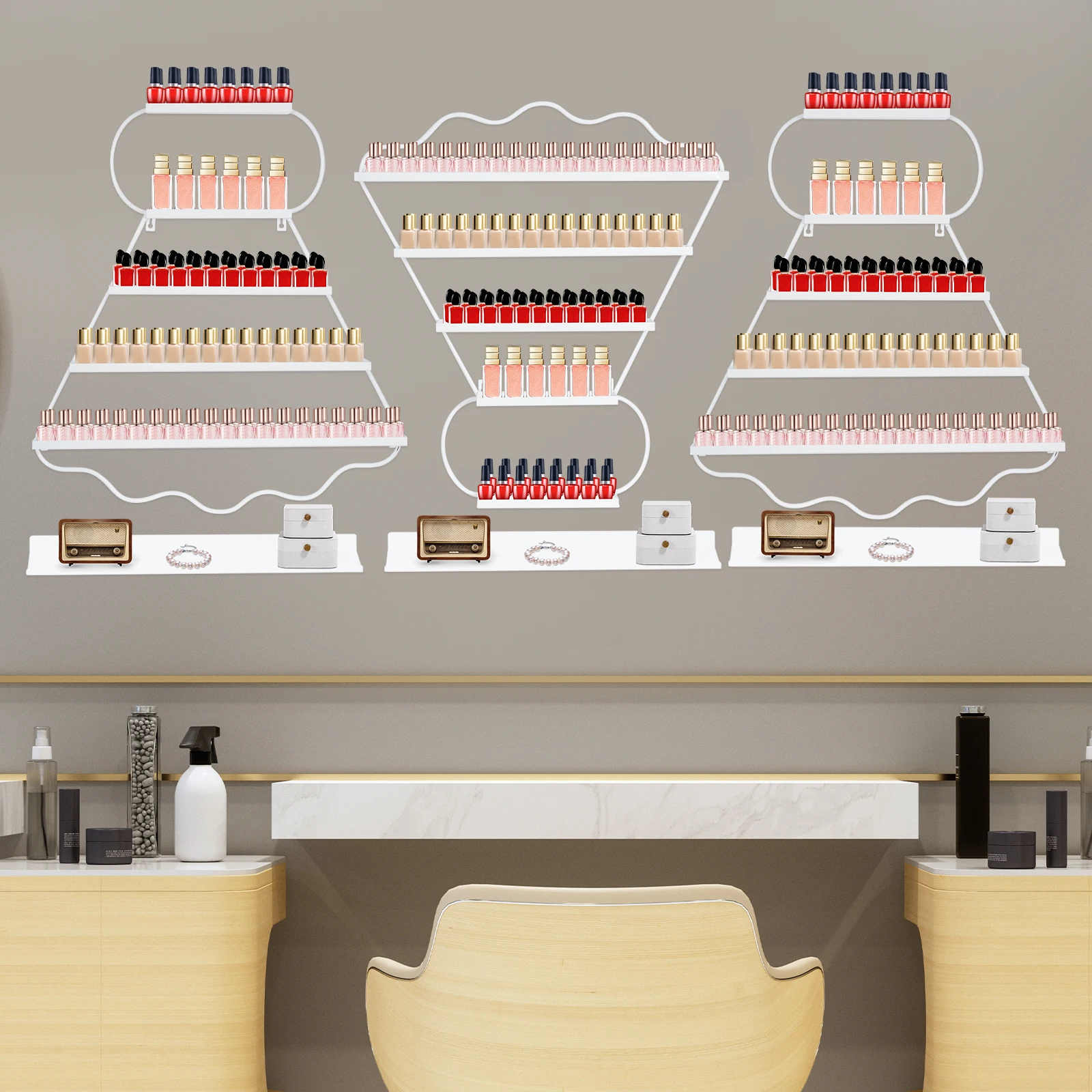 5-tier Nail Polish Display Wall-mounted Strong Badminton Shape Load-bearing Capacity For Nail Salons Beauty Shops