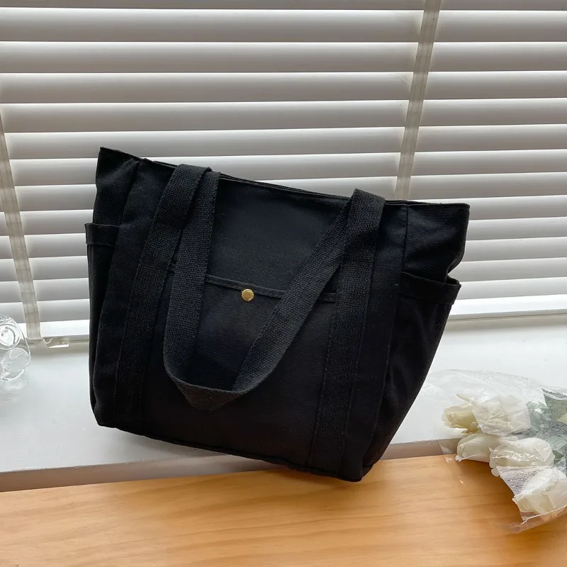Canvas Tote Bag Multi Pocket Handbag Shoulder Bag Water Bottle Side Pockets School Book Bag for Women Student Shopping Daily Use