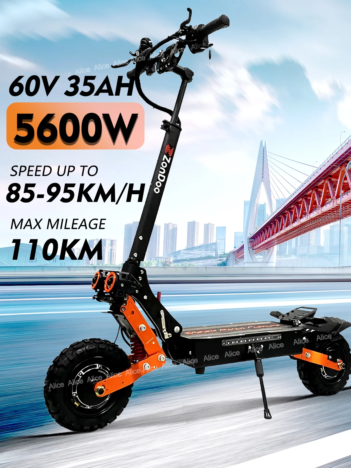 EU ZonDoo ZO01 Plus Dual Motor 60V 5600W Electric Scooter Max Speed 85-90kmh Max Mileage 100km 11Off road Tire Escooter Adults