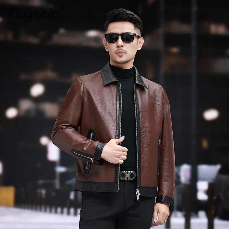 

Tcyeek Real Leather Jacket Men Fashion Autumn Clothes Top Layer Cowhide Coat Business Casual Mens Jackets Blocking Jaqueta Couro