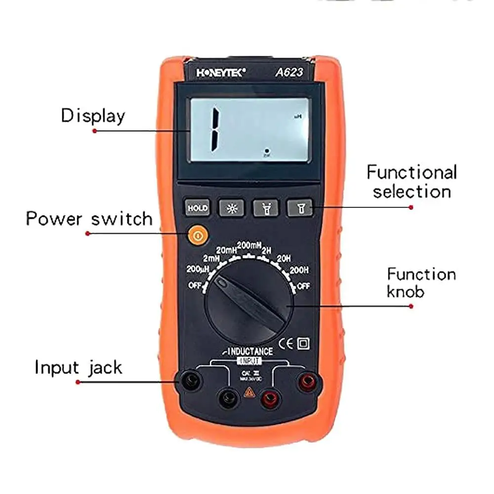 Digital Inductance Meter A623 CE Certified Inductor Tester with Flashlight Large LCD Display Battery Powered Easy to Use