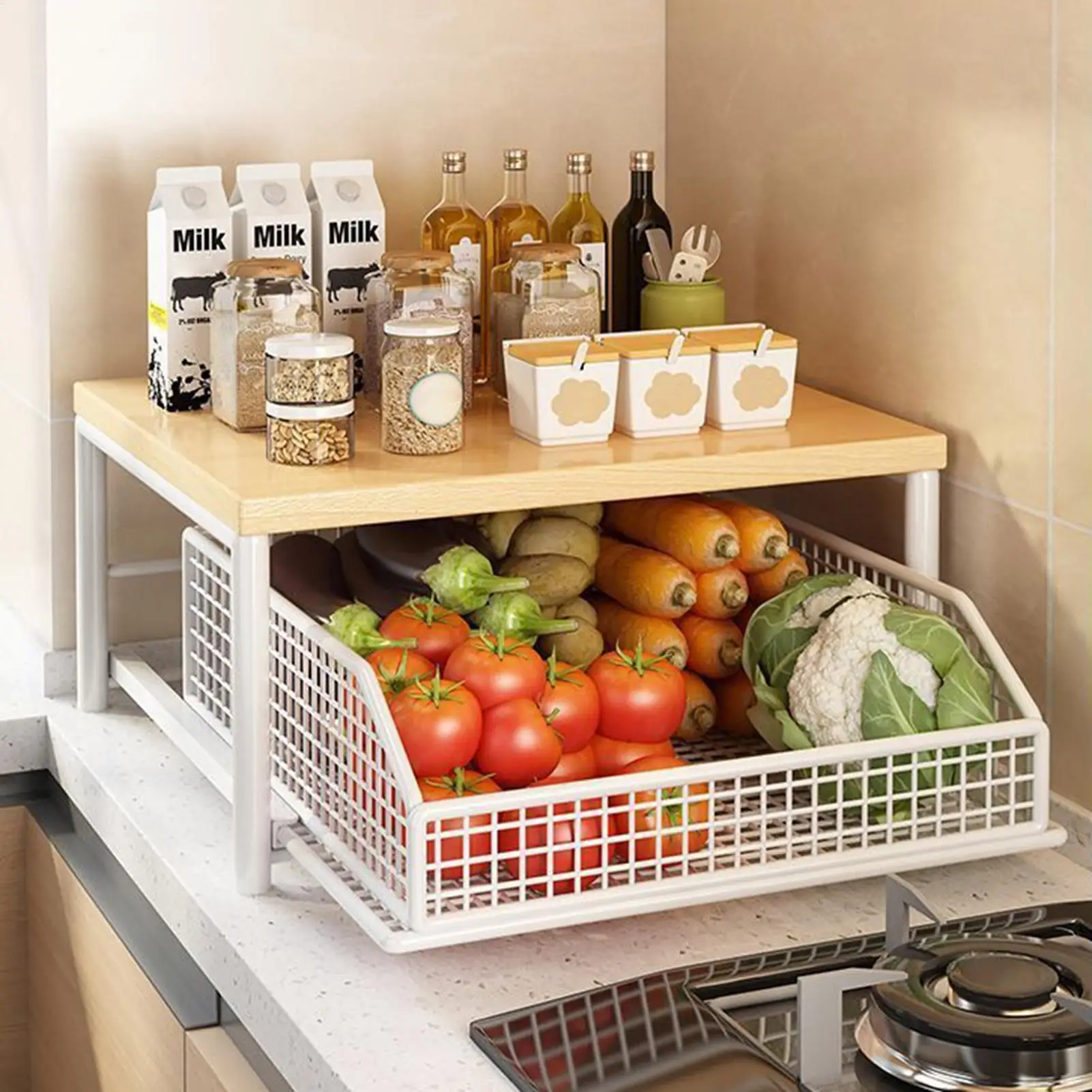 Küchenregal Vertikales 2-stöckiges Organizer-Regal Haushaltsorganizer-Regale für Vorratskammer Küche Bad Garage Dusche Bar Apartment