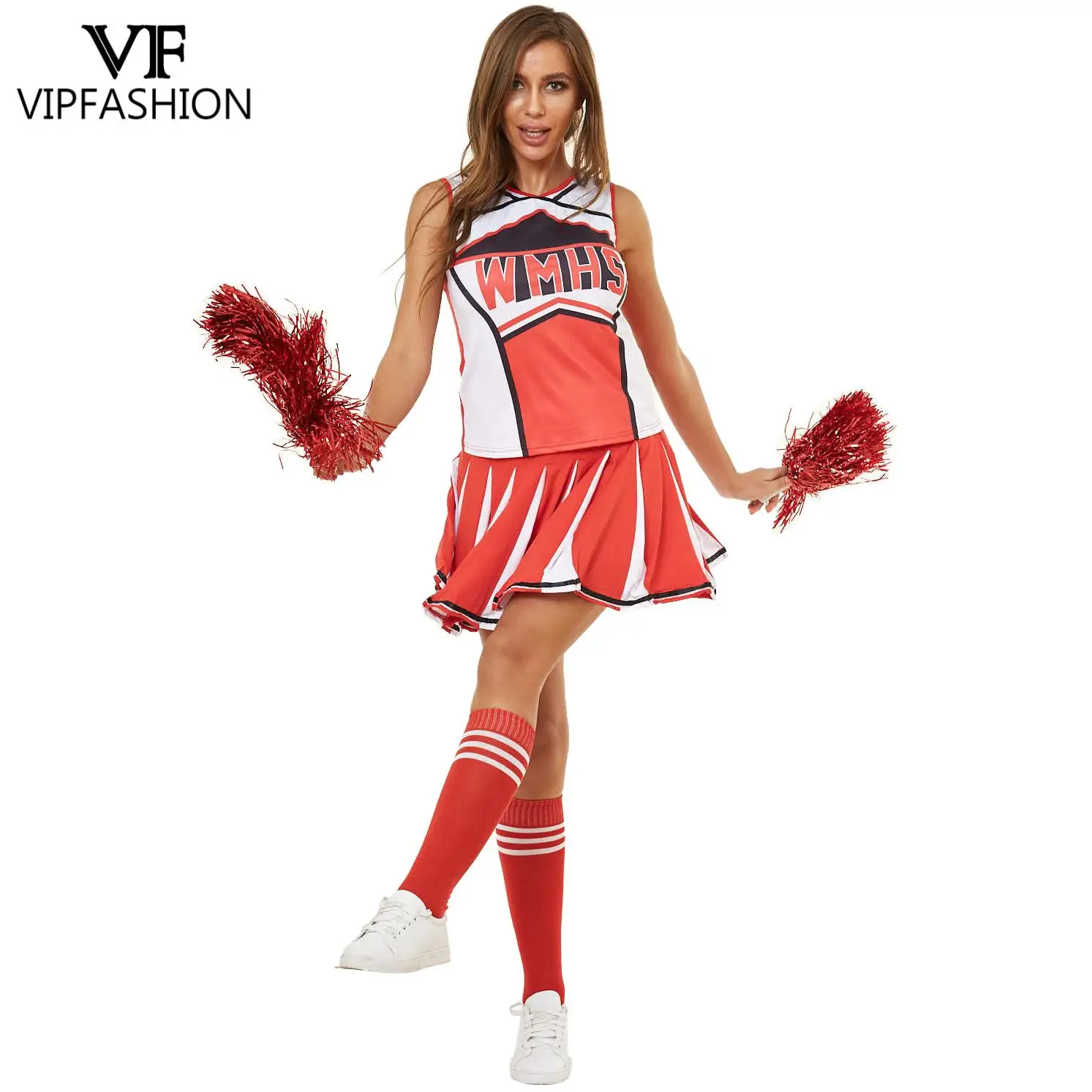 VIP FASHION المرأة WMHS طباعة التشجيع زي مجموعة بلا أكمام أعلى مطوي تنورة أحمر أبيض أداء الحفلات تأثيري الزي #3