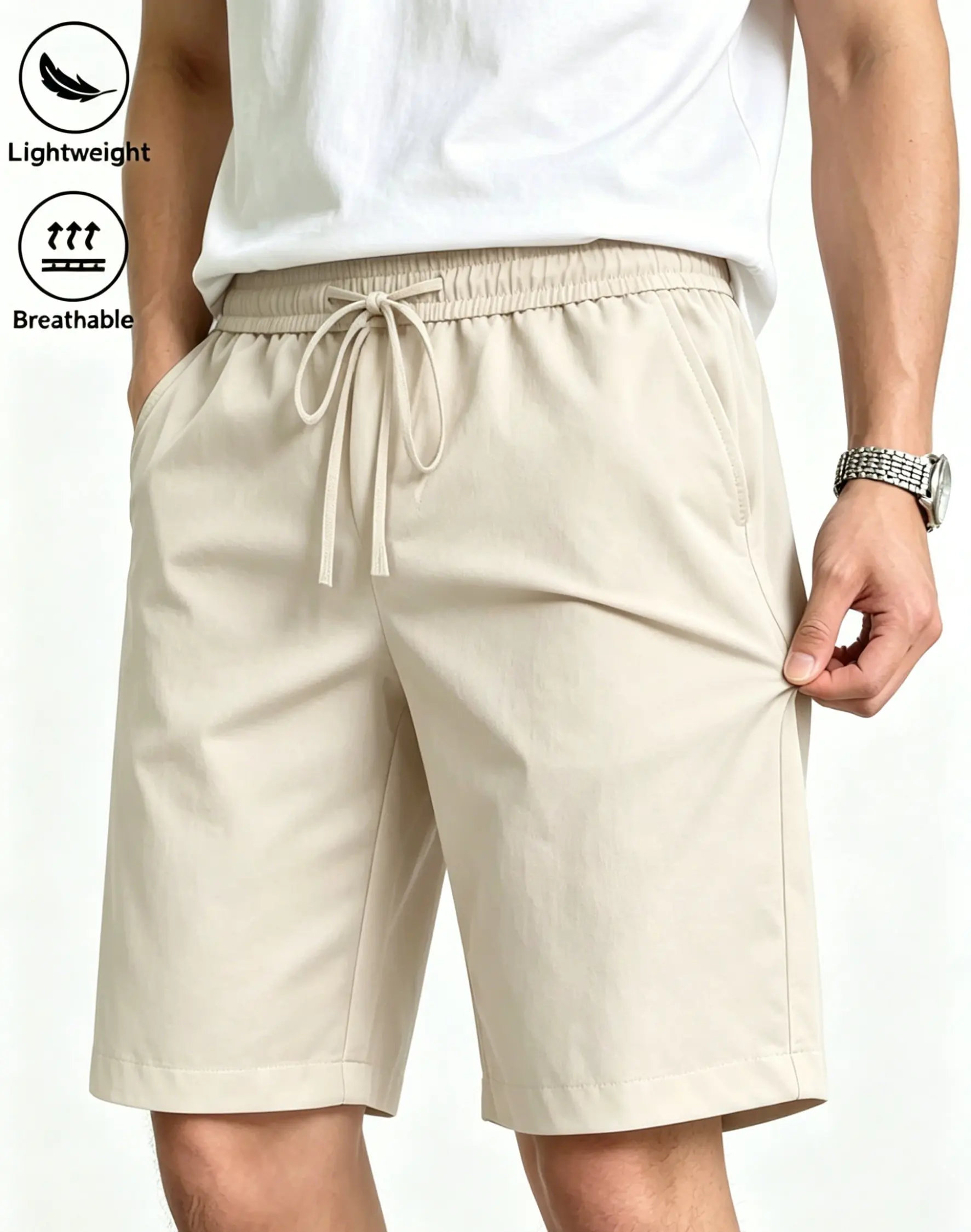 Leichte, atmungsaktive Herren-Shorts mit Kordelzug, schnelltrocknend, für Sport, Strand, Workout, Sommer, mit Taschen – Detail 4