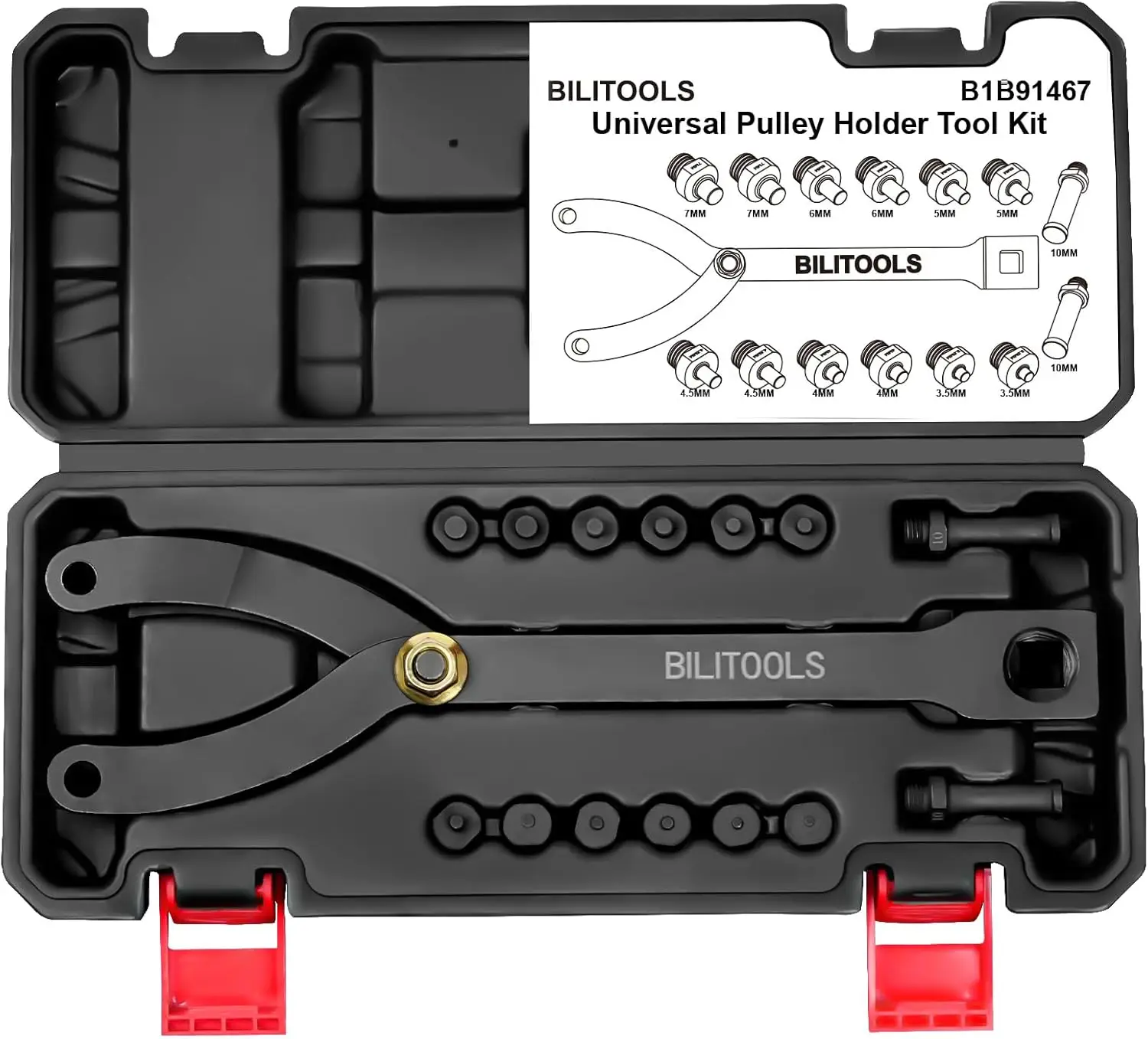 

15PCS Universal Pulley Holder Kit, 1/2' Ratchet Adjustable Wrench with 3.5-10mm Pins for Camshaft Pulleys