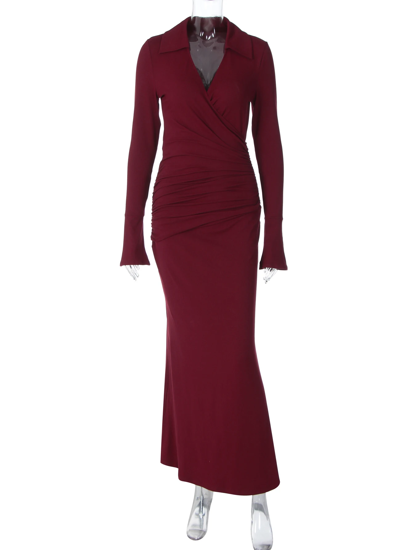 Dulzura outono mais recente moda turn-down colarinho manga longa ruched magro vestido longo feminino sexy roupas elegantes festa clube outfit