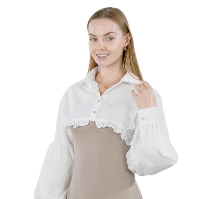 Dames Puff Ultrakorte crop-top met mouwen, valse kraag, vintage reverskraag, knopen omhoog, ruches, half shirtblouses