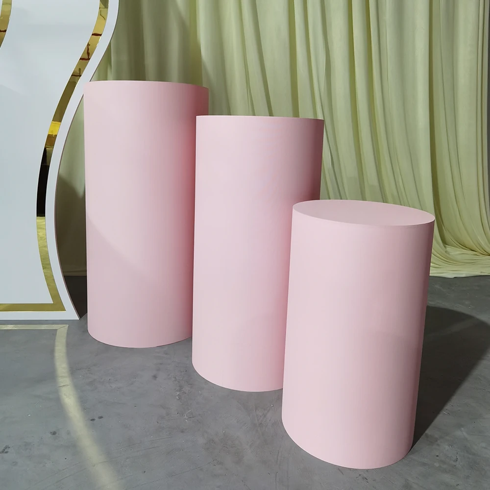 

Table Dessert Stand Party Metal Round Column Flower Cylinder Plinths Pink White Round Cakes Stand Display For Wedding Decoration