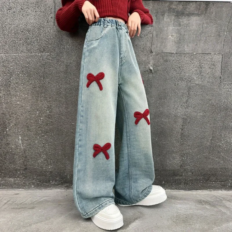 Girls Loose Wide-leg Jeans Soft Trousers Children Bowknot Embroidery Straight Denim Pants Spring Autumn Clothing 5-12 Years