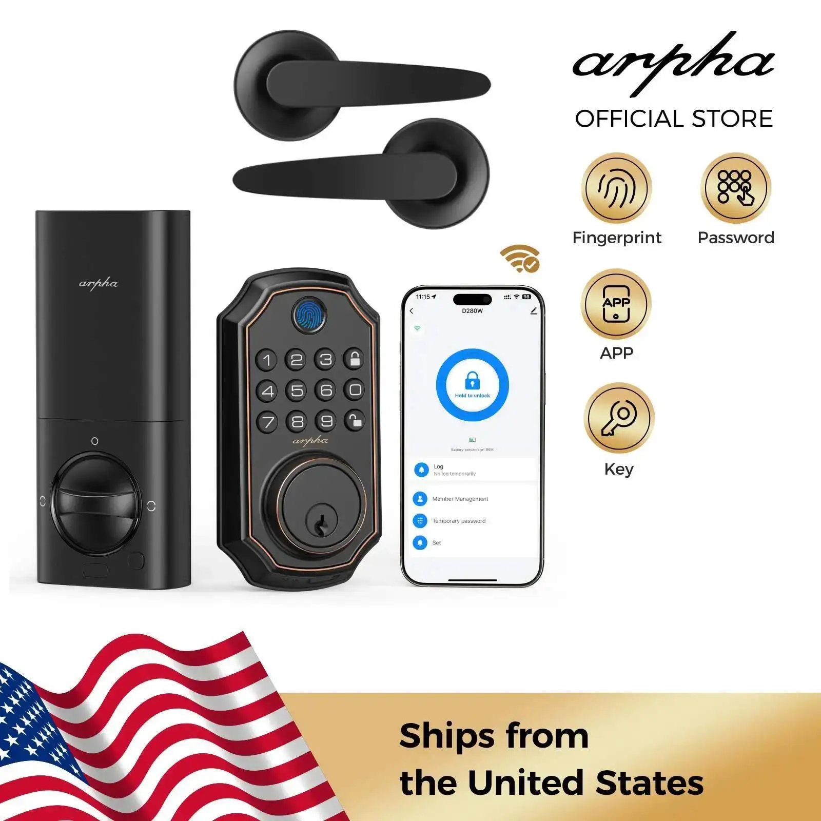 

Arpha ‎D280W Set Wifi Smart 50 Fingerprint &100 Pln Codes Door Locks Long Battery Life Electronic Lock