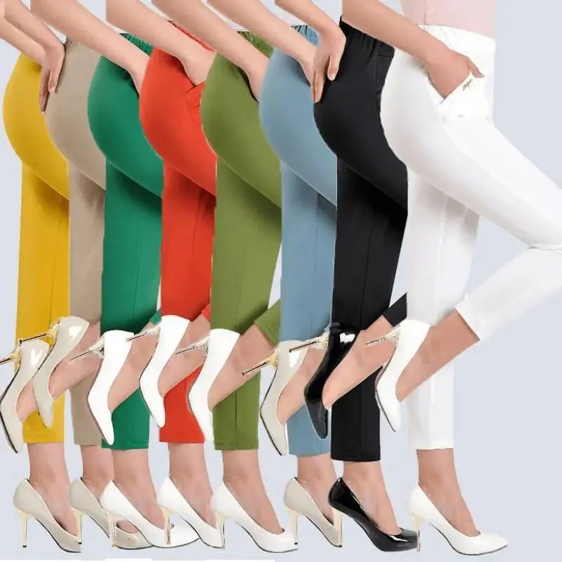2025 Summer Pants Women Cropped Pant Casual Elastic High Waist Trousers Pockets Stretch Skinny Pant Office Female Clothes