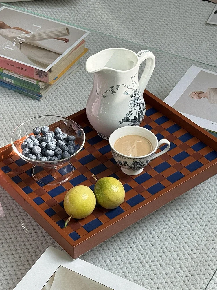 Woven Leather Tray Checkerboard Luxury Coffee Table Tray Rectangular Kitchen Organizer Decorative Tables Trays Home Supplies