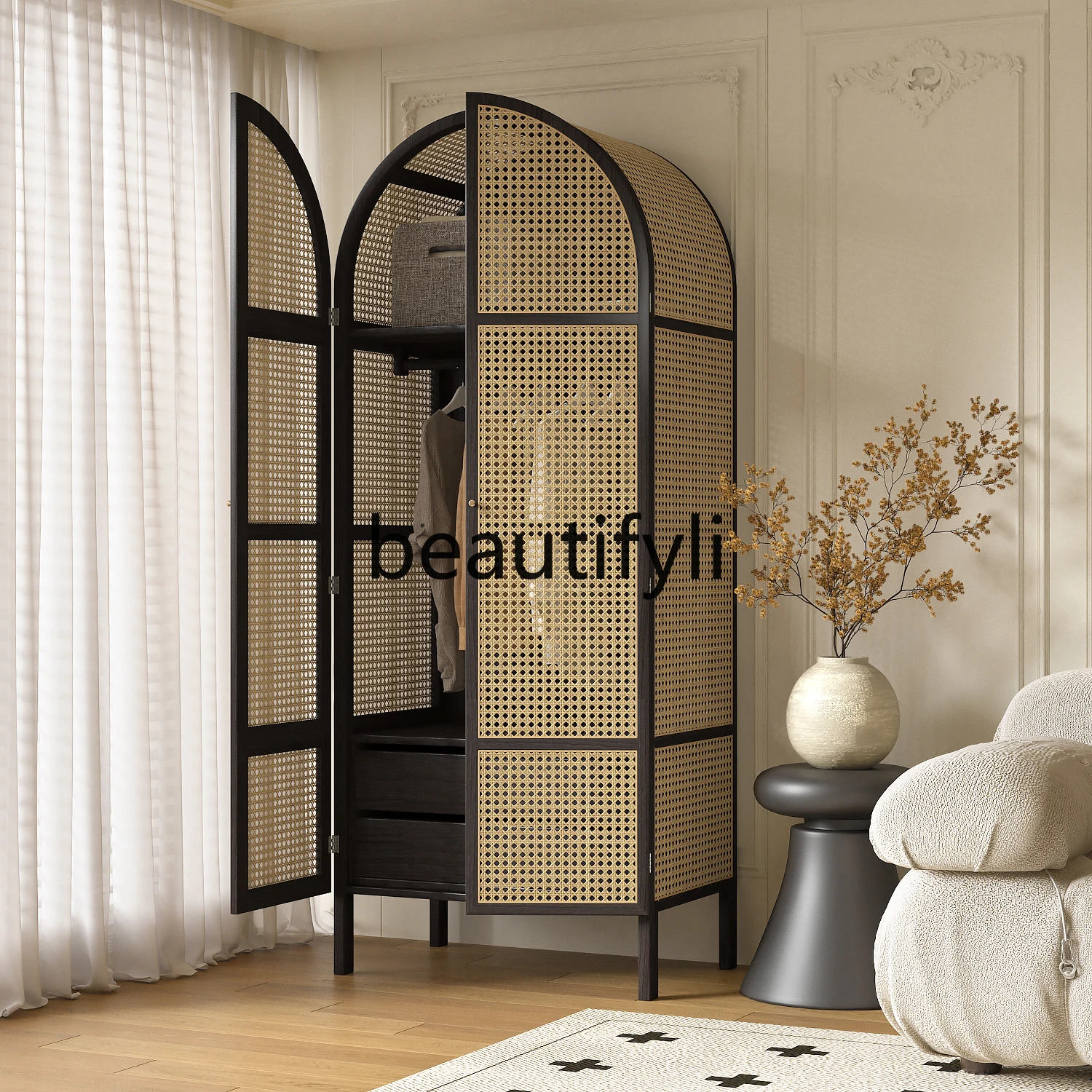 

Solid wood rattan wardrobe storage small apartment retro homestay bedroom simple wardrobe