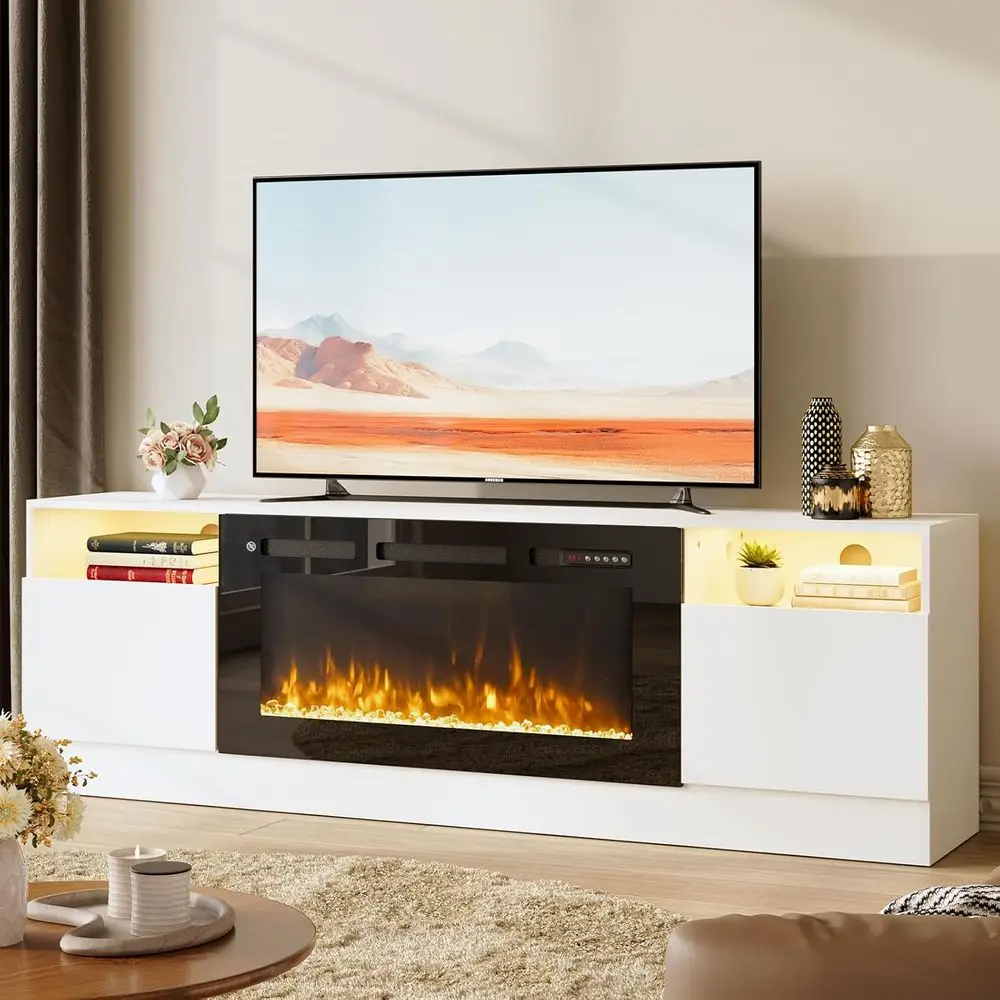 

70 TV Stand with 36 Electric Fireplace, Large Media Center with Storage and 12 LED Lights for TVs up to 80, Available in White a