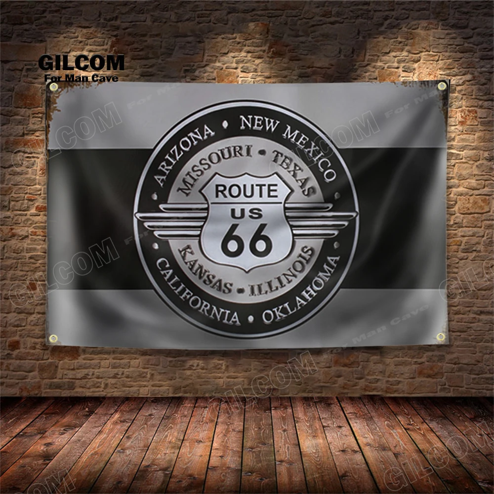 Bannière Route 66, Drapeau The Mother Road USA, Décoration Murale en Tissu Fantaisie, Affiche Vintage, Panneau Décoratif pour Voiture, Bar, Club, Pub, Man Cave