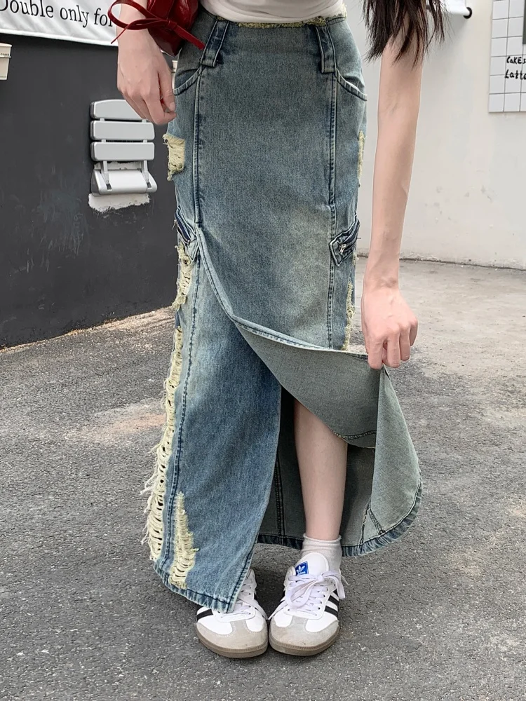 Gonna lunga in denim a sirena a tromba con foro lavato per donna Gonna slim a vita alta con nappe di media lunghezza