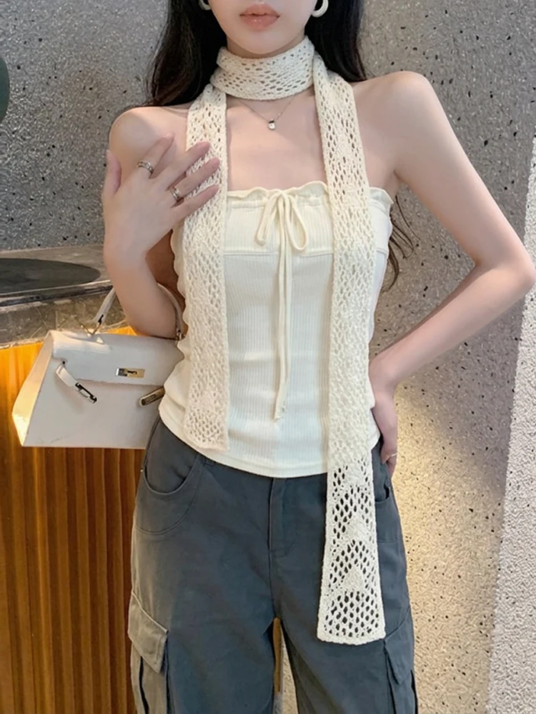 Retro Spicy Girl Style Sleeveless Tie-Detail Bandeau Vest Versatile Fashionable Slimming Back Sexy Shawl Korean Version Top