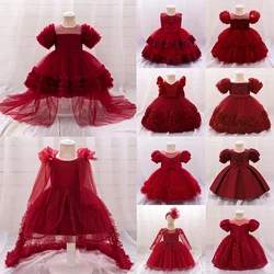 Toddler Red Sequin Mesh Gown Girls Baby Solid Color New Year Party Formal Costume Performance Princess Dress Birthday Clothes