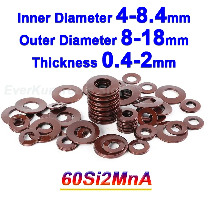 60Si2MnA Disc Springs Belleville Compression Spring Washer Shock Absorbers Inner Dia 4-8.4mm Outer Dia 8-18mm Thickness 0.4-2mm