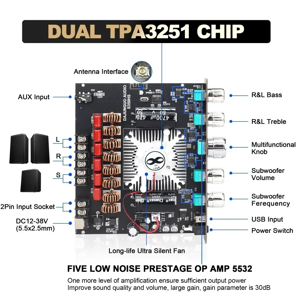 S350HS TPA3251 Bluetooth Power Amplifier Board with Subwoofer 2.1 Channel 220Wx2+350W, Audio Power Amplifier Module