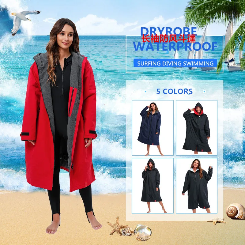 

Waterproof Surf Changing Robe Hooded Cloak Beach Surfing Pool Outdoor Coat Lamb Wool Jacket Lining Anorak Raincoat Unisex Bath