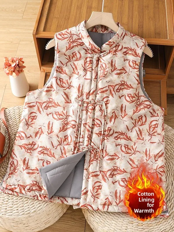 Rompi Katun Cetak Gaya Retro Cina Ukuran Besar Pakaian Wanita Kancing Kerah Tegak Jaket Musim Dingin