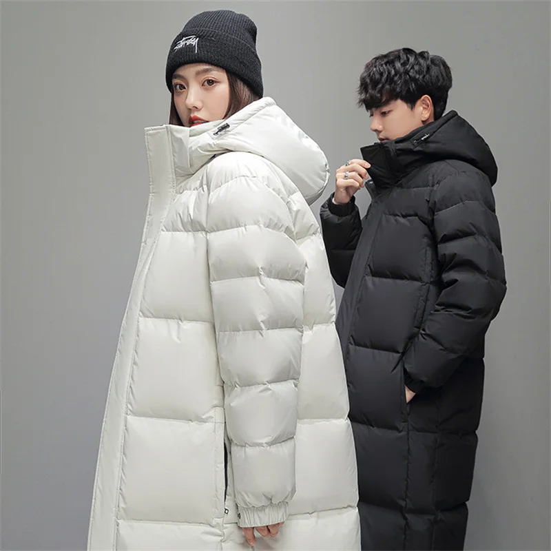 FGKKS 2025 Couple Winter Down Jacket Fashion Classic Slim Korean Style White Duck Down Men's Long Coat Women Hooded Outwear