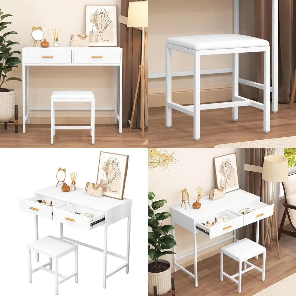 

Modern White Makeup Vanity Desk with 2 Drawers, Compact Computer Desk for Home Office, 80x90cm