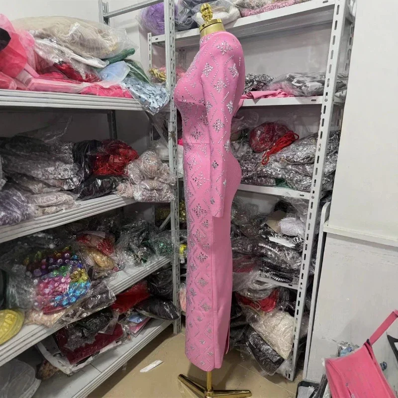 Eleganckie sukienki bandażowe z dżetami, dopasowane do ciała, z wysokim dekoltem, długim rękawem, długie sukienki Y2K, sukienki wieczorowe, na studniówkę, urodziny, w stylu gwiazd.