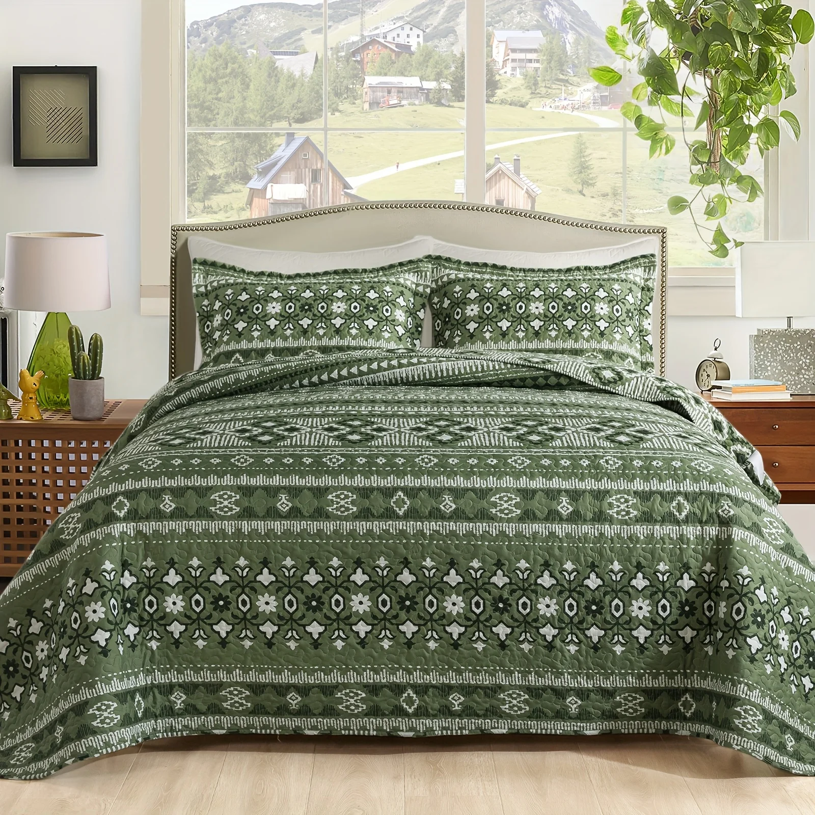

3pcs Boho Bedding Comforter Set, Bed Set Queen King Size Bedspread for Room Decor, Green Bohemian Quilted Coverlet Sets for Bedroom Decoration, All-Season Lightweight Quilt Bed Set