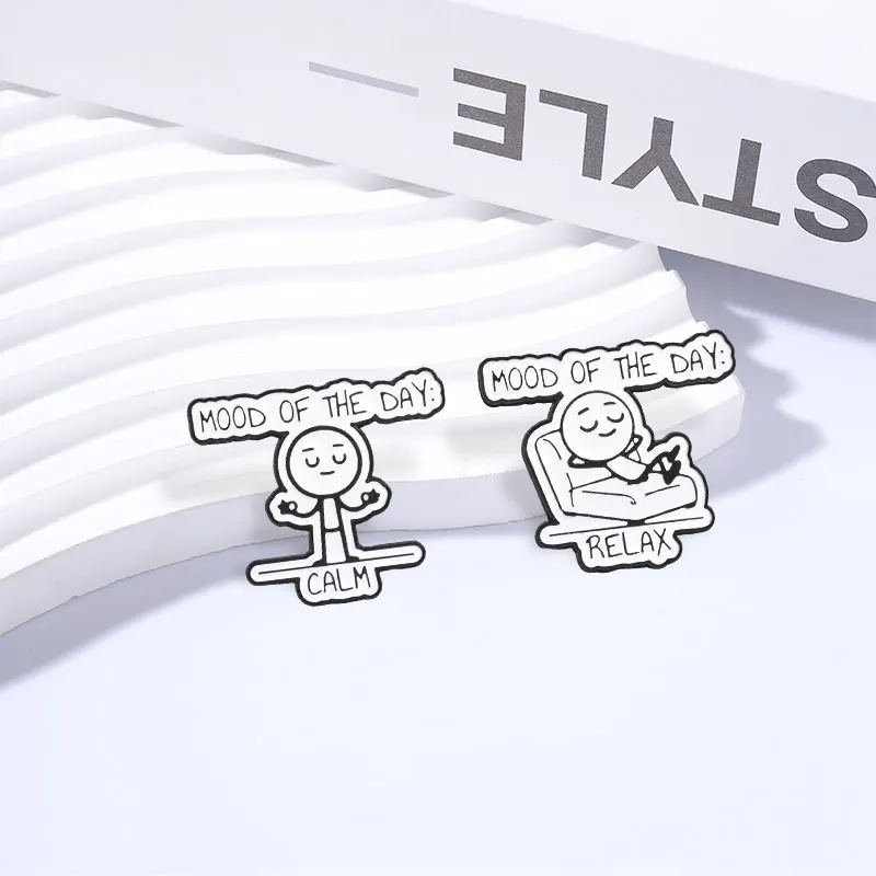 Mood Of The Day Clam Relax Stick Figure Enamel Pins Cute Funny Flork Meme Meditation Relaxed Brooch Bag Lapel Badge Jewelry Gift