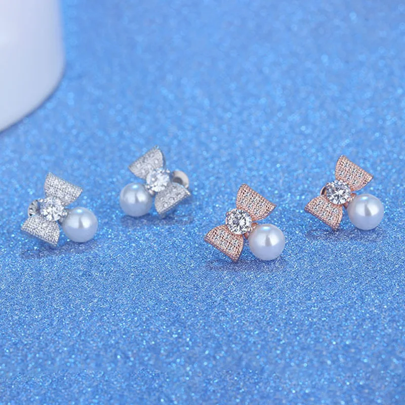 

925 Sterling Silver Bow Zircon Pearl Stud Earrings For Women Wedding Luxury Jewelry Best Selling Promotions