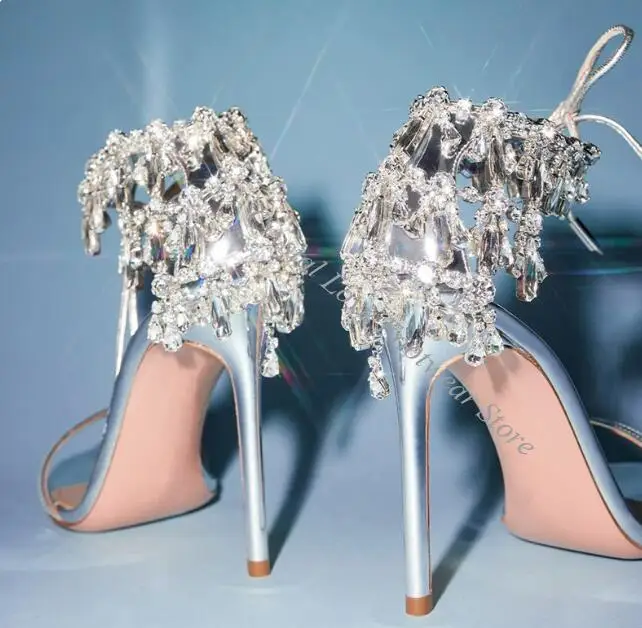 Sexy High Heels Fuchsia Drop Diamond Chains Sandals Woman Bride Rhinestone Tassel Back Cover 10 cm Heel Lace-up Wedding Shoes