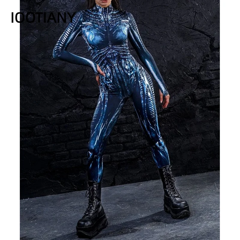 IOOTIANY Halloween Robot Skeleton Digital Printing Women's Slim Long Sleeve Cosplay Costumes Tight Jumpsuit Zentai Bodysuit