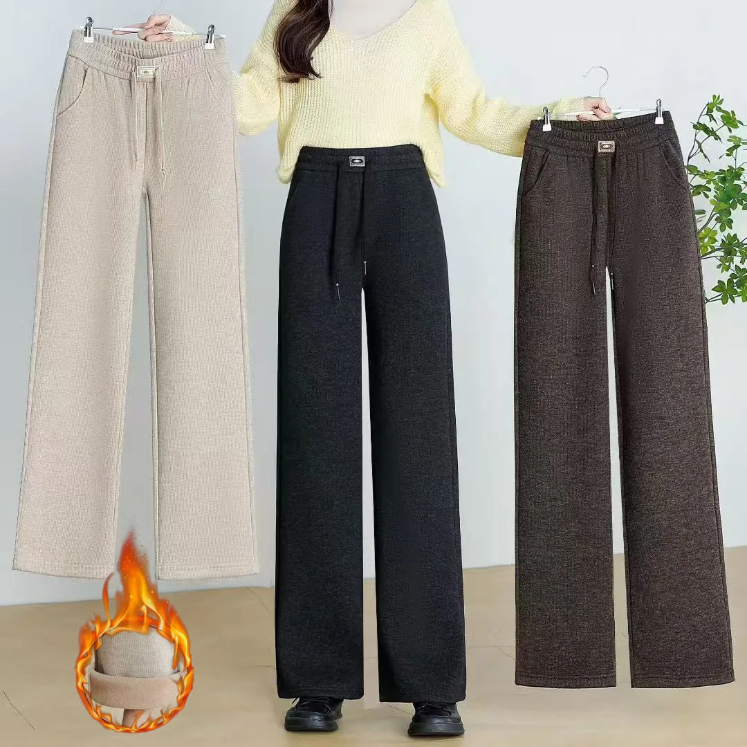 

Winter New Woolen Straight Leg Pants Women's Fleece Lined Thickened Slim Fit Casual Warm Wide Leg Trousers